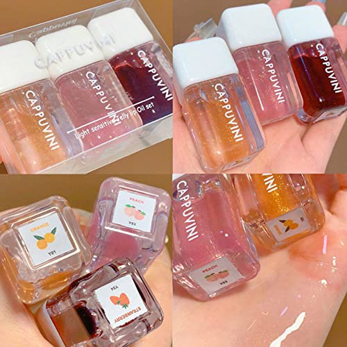 New Irven 3Pcs Jelly Hydrating Lip Oil, Fruity Flavors Plumping Oil Tinted Balm Crystal Liquid Lipstick Peach Strawberries and Oranges Care Transparent Toot Primer Tint, Pack of 1