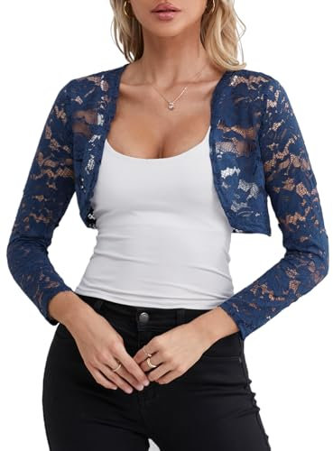 fuinloth Bolero Shrugs for Women Lace Cardigan Wedding Long Sleeve Elegant Navy Blue