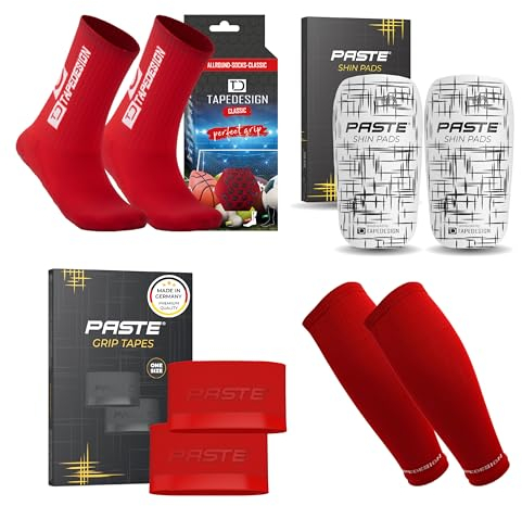 PASTE - XXL 4er Set: TAPEDESIGN Fußball-Socken (Classic), Schienbeinschoner, Stutzen Schienbeinschonerhalter (rot) - Fussball-Socken mit Schienbeinschoner Halterung & Fußballstutzen