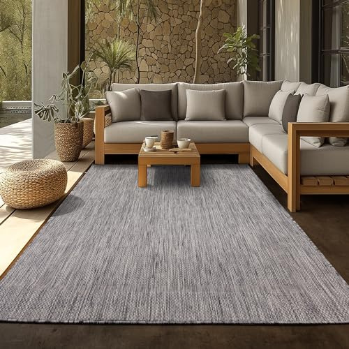 SIMPEX Outdoor Teppich Wetterfest 160x230 cm Grau Bordüre Design Flachgewebe Waschbar für Wohnzimmer Esszimmer Terrasse Garten