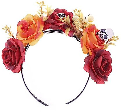 Bandeau De Fleurs D'Halloween, Couronne De Fleurs Mexicaines Bandeau, Fleurs Serre Tête Avec Tête De Mort Et Araignée Halloween Costume De Fête D'Halloween Pour Femmes Filles (Orange)