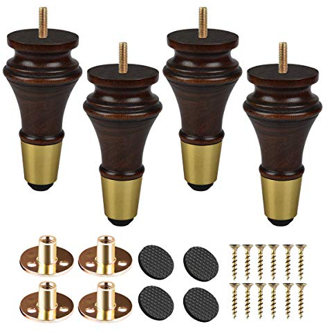 Btowin 5 Inch / 13cm Solid Wood Furniture Legs, 4Pcs Wenge Mid-Century Modern Wooden with Cover Replacement Feet with Threaded M8 Hanger Bolts & Mounting Plate & Screws for Couch Armchair Cabinet