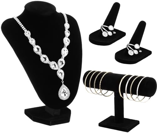 Wenqik 4 Pcs Velvet Jewelry Display Set Necklace Bust Holder, Black