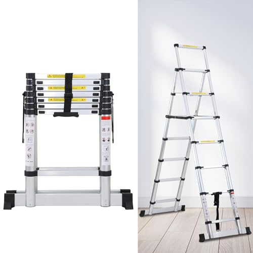 Ansobea Scala Telescopica Pieghevole 2,0 m + 2,3 m - in Alluminio, Allungabile Con Barra di Bilanciamento