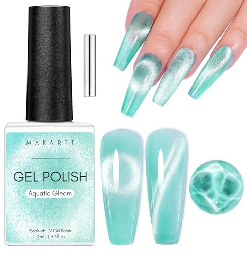 Makartt Cat Eye UV Gel - 10ml Glitzer Gel für Nägel mit Cateye Magnet Stick Soak Off Magnetischer UV Nagellack DIY Manicure zu Hause Nail Art Design Valentinstagsgeschenk,Aquatic Gleam