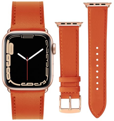 ONET8O Leather Strap Compatible with Apple Watch Series Genuine Leather Replacement Band for iWatch 38/40/41/42/44/45/49mm for Women and Men Rose gold Adapters-38/40/41mm Orange