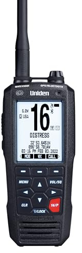 Uniden MHS338BT Floating, Handheld Marine VHF Radio, 6-Watts, GPS and Bluetooth, Submersible IPX8, Emergency Strobe & Flashlight, NOAA Weather Alerts, FM Radio, Chargeing Cradle & Li-ion Battery.