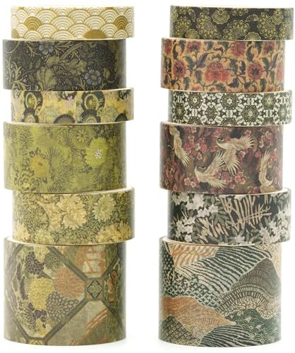 KAVI' S 12 Rollen Kyoto Charme Washi Tape Set Klebeband Papier Dekorativ Masking Tape Klebeband Bunt für Scrapbooking Handwerk Handwerk (Green Song)