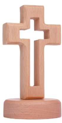 Floatdream 1 Cruz de Mesa con Base, Cruz de Madera con Base Magnética, Figura de Cruz de Madera para Mesa, Se Utiliza Como Decoración de Centro de Mesa, Decoración de Bautizo(Color claro)