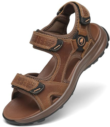 FLARUT Hommes Sandales d'été Chaussures de randonnée Trekking Outdoor Sport Cuir Plage Orteils Ouverts Sportives Décontractées(Marron Clair,43)