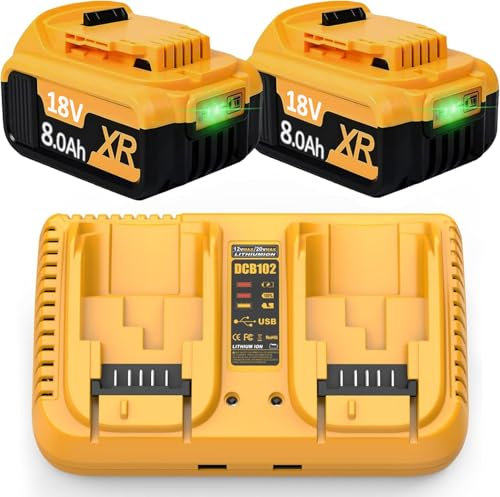 2X Li-Ion Ersatzakku für Dewalt 18V 8,0Ah/8000mAh akku + Dual-Ladegerät DCB200 DCB182 DCB200 DCB184 DCB101 DCB107 DCB112 DCB105 DCB115 DCB203