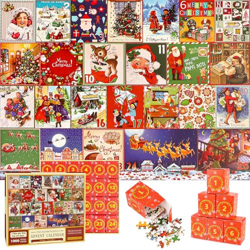 Adventskalender 2024 Jigsaw Puzzle | 24 Tage Weihnachts-Countdown-Kalender für Kinder | 24 Boxen 1000 Stück Puzzles für Jungen und Mädchen Xmas Familie Spielzeug Geschenk für Jugendliche Erwachsene