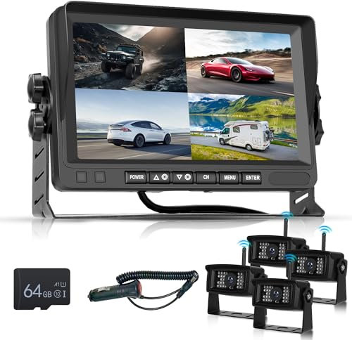 Rimoody Wireless Backup Camera RV with Waterproof 4 Cameras, Night Vision,HD 7 IPS 4 Split Screen Monitor, Digital Signals, Includes 64G Card for Truck, Trailer, Motorhome, Bus, DVR Loop Recording