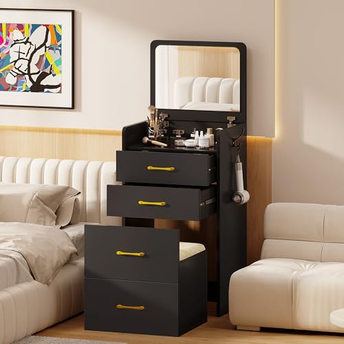 Lvifur Eckschminktisch mit Spiegel,Schminktisch Ecke mit Hocker,Kosmetiktisch viel stauraum mit Schubladen,Schminktische für Wohnung,kleines Zimmer