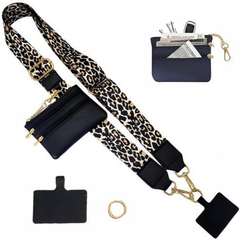 Ysnzaq Cordon Telephone avec Pochette Zippée Fermeture Éclair, 2 en 1 Détachable Laniere Portefeuille Réglable Bandouliere Telephone Bandoulière Elégante pour Femme-Leopard Black