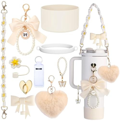 10 PCS Purple Cup Accessories for Stanley Cup Including Handle Strap Bottle Cover Silicone Straw Cover Boot Butterfly Pearl Keychain Lipstick Set Stanley-Charms for Stanley Cup 40 oz/30 oz (Beige)