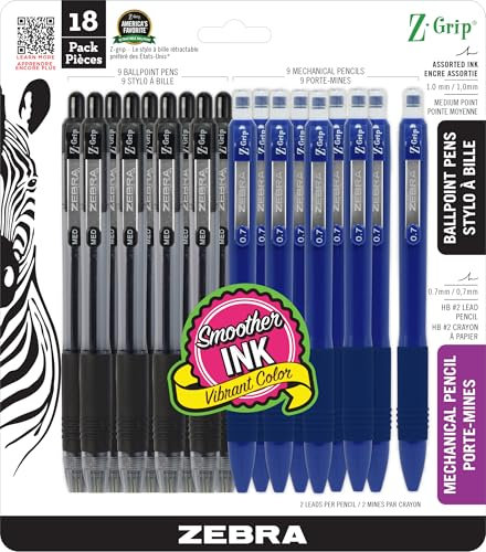 Zebra Pen Z-Grip 24218 – Lot de 18 stylos à bille rétractables, corps noir et porte-mines Z-Grip, corps bleu, pointe moyenne, 1 mm, encre noire
