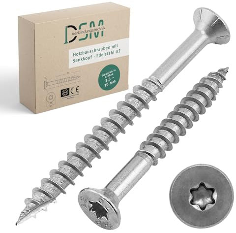 DSM - Lot de 50 vis pour construction en bois en acier inoxydable A2 - 6 x 140 mm - TX25 - Vis à tête fraisée - Tête inférieure renforcée avec nervures de fraisage et pointe Cut - Encoche de coupe -