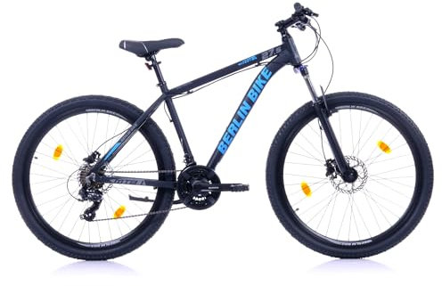 BERLIN BIKE Mountainbike MTB1 – mit komplettem Shimano Set - 21 Gang Shimano FD-TZ500/RD-TY300D, Dacron Hydraulische Scheibenbremsen (Schwarz-Blau, 27,5 Zoll und 46 cm Rahmenhöhe)