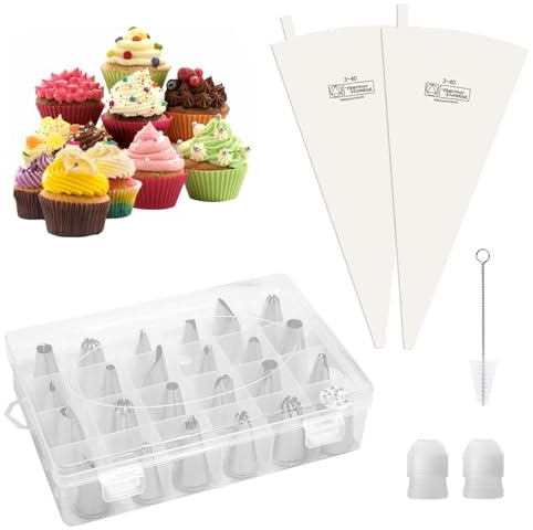 Spritzbeutel mit Tüllen, 2 Stück 35cm Spritzbeutel Wiederverwendbar mit 28 Edelstahl Spritztüllen Set und 2 Adapter, Tortenspritze Garnierspritze Torten Zubehör Sahnespritze für Keksen Dekoration
