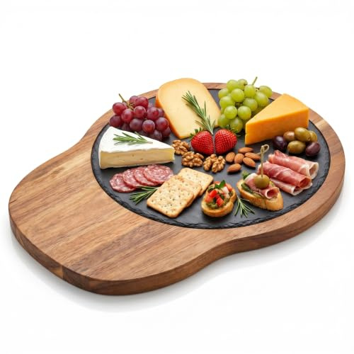 hausleben Servierbrett aus Akazienholz mit Schiefereinsatz 29x23 cm | Rustikale Käseplatte & Holzbrett mit Schieferplatte für Snacks, Tapas, Sushi & Deko – Edles Holzschneidebrett Oval