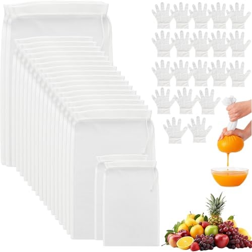 20 Stk Nussmilchbeutel, 3 Größen Passiertuch Wiederverwendbar Nylon mit Handschuhe, 20×30cm Feingewebt Käsetuch Bio Waschbar,100 Mesh Cheesecloth Abseihtuch Filterbeutel mit Kordelzug für Käse Joghurt