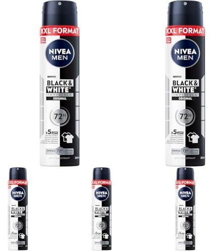 NIVEA MEN Black & White Invisible Deo Spray XXL, Deodorant mit Anti-Flecken-Formel, zuverlässiger 72h Anti-Transpirant-Schutz und Active Protection (250 ml) (Packung mit 5)