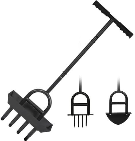 Boudech Aeroforge - Arieggiatore per Prato Manuale 3 in 1 con Aeratore a 4 Punte Pala a Mezzaluna per Bordatura e Carotaggio con Vassoio di Stoccaggio per la Cura del Giardino Nero