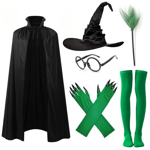 Hexenkostüm Damen für Erwachsene mit Hexenhut, Handschuhen Socken Besenstiel Zauberstab Brille, Hexenkostüm Damen Set für Halloween Karneval Cosplay Kostümpartys für Erwachsene (Schwarz-Grün 6 Stück)