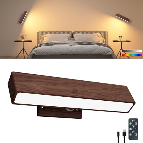 DetarZinLED Wandleuchte Akku Fernbedienung & Touch Nussbaum | Wandlampe Ohne Bohren, Bett Leselampe, Dimmbar, 3 Farbmodi & RGB, Magnetisch, 360° Drehbar, Schlaf/Wohnzimmer, Aufladbar