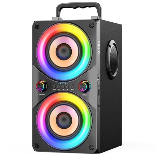RRNUY Bluetooth Speaker 100W Portable Big Powerful Deep Bass Loud Sound Wireless Boombox with Subwoofer TWS LED Lights DSP Large Wooden Speakers for Outdoor Home Party