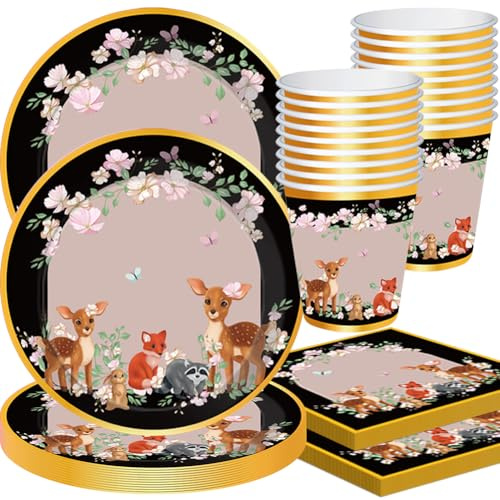 QYEHF-48PCS Waldtiergeschirr, Dschungelabenteuer-Partygeschirr, wiederverwendbar, perfekt für Herbst, Bankette, Geschenke und ländliche Anlässe (Enthält 16 Speiseteller, 16 Servietten, 16 Tassen).