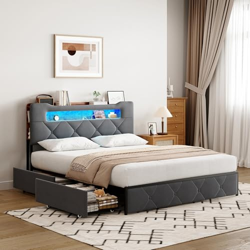 HYTKKBD Doppelbett 160 x 200 cm mit LED, USB-Anschluss und 4 Schubladen aus Eisen, gepolstertes Bett aus weichem Samt mit Stauraum, einfache Montage, keine Matratze