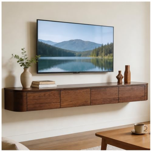 JUNFUNNLE TV Schrank 220cm Walnussbraun, Moderner TV Board Hängend, TV Lowboard mit 2 Schubladen 2 Klappen Türen, Fernsehtisch mit Kabelmanagement, TV Tisch für Wohnzimmer und Esszimmer