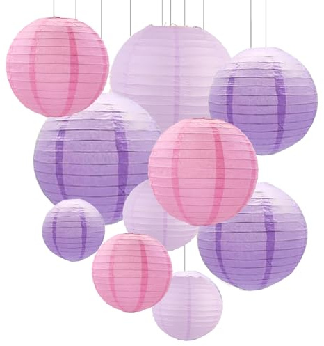 ZYOOO 10 Stück Rosa Lila Papierlaterne Lampion rund Lampenschirm(Set 3 Farben à 25cm,20cm,15cm,10cm) Lampions Hochzeit,Geburtstagsparty,Baby Shower,Sommer Gartenparty Deko