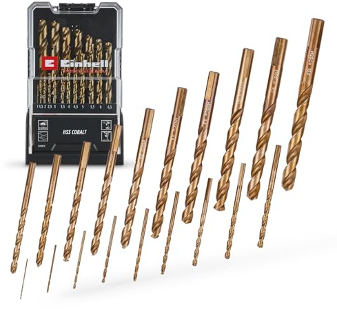 Einhell 19 pièces jeu de forets métal HSS-Co | Acier HSS M35 | alliage au cobalt | pointe Split Point à 135° | spirale type N fraisée | queue triangulaire | coffret inclus