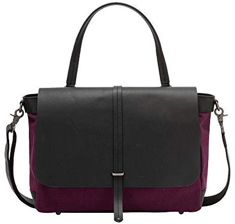 DUDU Grosse Damen Schulter-Tasche aus Leder und Canvas Stoff Bicolor Postman mit abnehmbarem Schulterriemen Pflaume