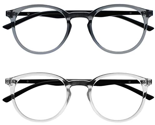 OPULIZE Met Lesebrille 2er Pack Schlank Runder Rahmen Federscharniere Kratzfest Transparent Grau Transparent Schwarze Herren Damen RR60-7C +2.00