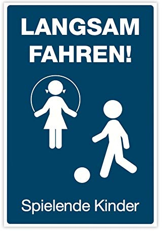 (Signalblau, 3 St. Aufkleber 300x200 mm) / Text: Langsam Fahren ! Spielende Kinder (mit Piktogramm) / Hinweisschild, Warnzeichen, Warnschild, Spielstraße / Spielplatz - Vorsicht spielende Kinder