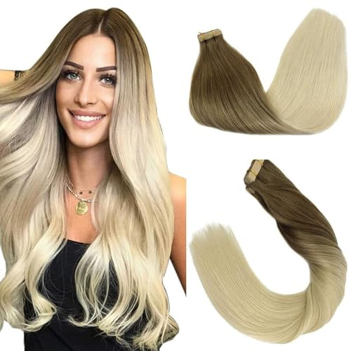GOO GOO Tape in Extensions Echthaar, Tape Extensions Echthaar, 50cm 50g 20pcs, Extensions Echthaar, Haarverlängerung Echthaar, 9/60 Ombre Ash Brown bis Platinum Blonde