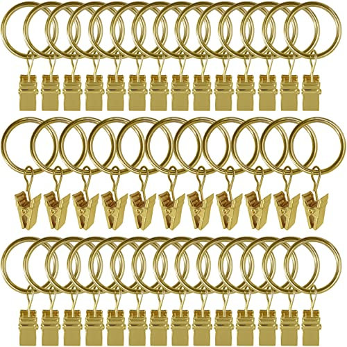 AMZSEVEN 44 Stück kleine Gardinenringe mit Clips, Metall Gardinenaufhänger Clips, Draperierringe mit Clips, dekorative Gardinenstange Fenster, 2,5 cm Innendurchmesser, rostfreies Gold