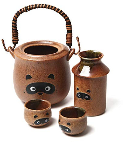 Juego tradicional de sake de cerámica japonesa – Exquisito juego de 4 piezas de cerámica Mino Ware Tanuki mapache con calentador, botella y tazas
