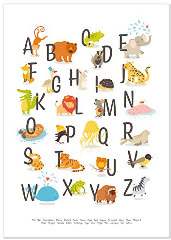 kizibi® ABC Poster DIN A2 für Kinderzimmer, Alphabet Poster für Mädchen und Jungen, Buchstaben zum Lernen, Tier Lernposter mit Buchstaben | für den Kindergarten, Vorschule oder Grundschule