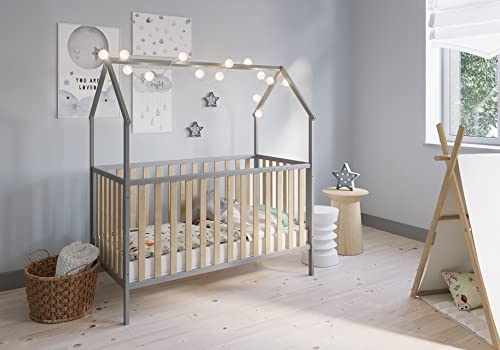 FabiMax Kinderbett Hausbett Schlafmütze, 70x140 cm, aus Kiefernholz grau/Natur lackiert, mit Matratze Comfort