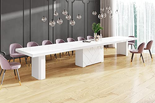 Design Konferenztisch Tisch HEK-111 Hochglanz XXL ausziehbar 180 bis 468 cm (Weiß Hochglanz)