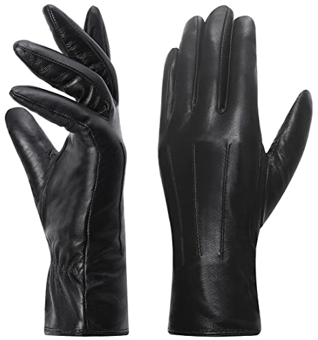 Harssidanzar Lederhandschuhe für Damen, Winter Warm Fleecefutter Touchscreen Vintage Finished GL018EU,Schwarz, Größe L