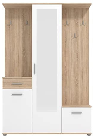 Arredo Stock Mobile da ingresso con armadio, portascarpe, specchio cassetto ed attaccapanni bianco con finiture effetto cemento, 133x197x33 cm (Quercia)