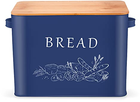 Herogo Bread Bin, Metal Bread Box with Wooden Lid for Cutting Bread Loaf, Extra Large Loaf Holder Holds 2 Loaves, Space Saving Storage for Kitchen Countertop, 33x18x24.5cm (Blue)