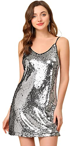 Allegra K Damen Glitzer Pailletten Kleid Spaghettiträger V-Ausschnitt Party Cocktail Sparkly Minikleid Clubwear, Silber (mit Schwarz), Klein