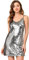 Allegra K Damen Glitzer Pailletten Kleid Spaghettiträger V-Ausschnitt Party Cocktail Sparkly Minikleid Clubwear, Silber (mit Schwarz), Klein